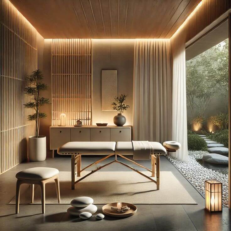 A serene and minimalist treatment room with a plush bed.