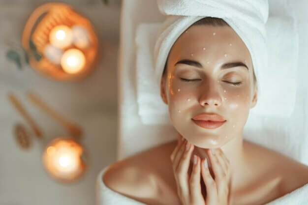 A woman receiving a calming facial in a serene spa setting