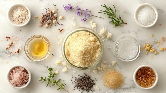A bowl of exfoliating body scrub with natural ingredients